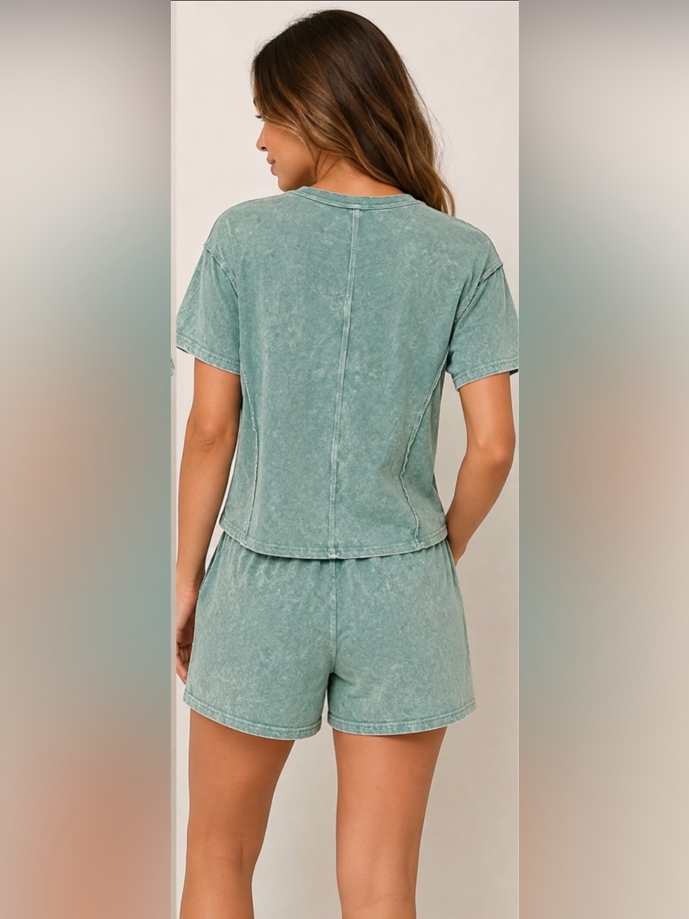 Zenana Sage Green Mineral Wash 2 Piece Shorts Set Size L NWT - Picture 2 of 4